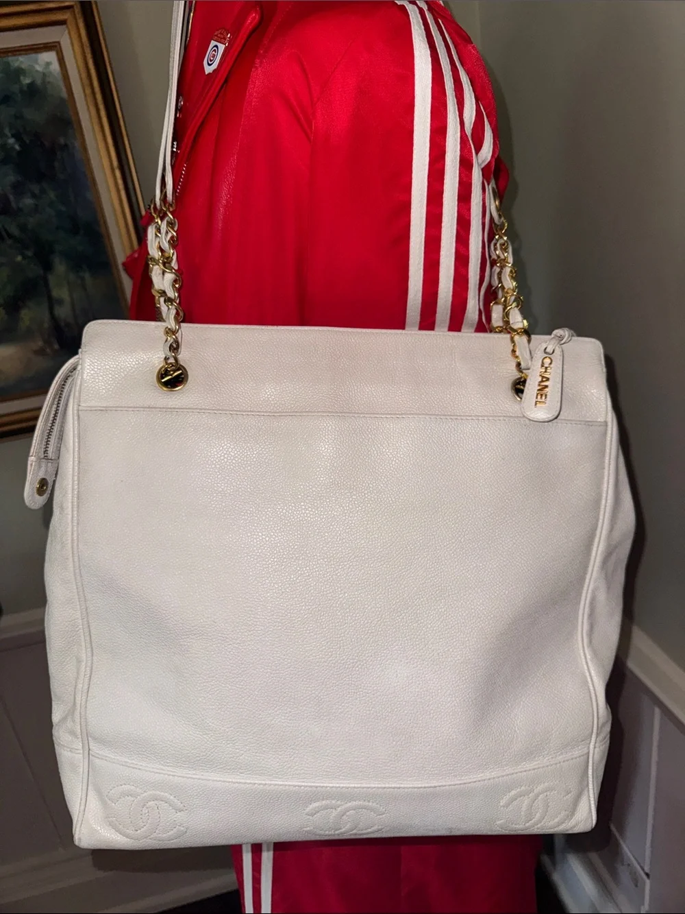 CHANEL XL Vintage Triple CC White Leather Shoulder Tote Bag Purse Gold Chain